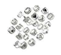 hogtnd 24Pcs Creative Retro Silver Rings Collection for Women and Men Including Flower Snake and Floral Patterns Heart Snake Rings