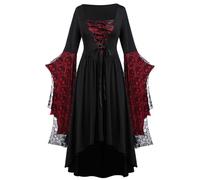 hogtnd Medieval Dress with Trumpet Sleeves, Black Red M