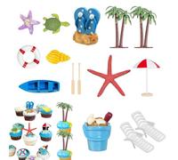 Hogvinnatil - Cake Decorations, Cake Toppers - 15 x Beach Garden Decorations - Deck Chair Umbrella, Palm Tree, Boat, Starfish, Shell, Turtle, Topper for Cake Decoration