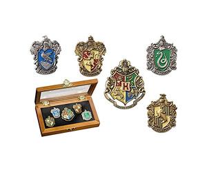 Hogwarts House Pins by The Noble Collection - Set of 5 Metal, Hand-Enamelled House Pin Badges Supplied in a Wooden Display Case - Officially Licensed Harry Potter Movie Collectable
