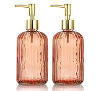 HOHAOO Versatile Glass Soap Dispenser Bottle with Pump, 14 Oz Dripless Pump Bottle, Refillable Liquid Hand Jar Dispenser for Bathroom, Countertop, Kitchen, Laundry Room(Amber, 2 Pack)