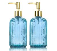 Versatile Glass Soap Dispenser Bottle with Pump, 14 Oz Dripless Pump Bottle, Refillable Liquid Hand Jar Dispenser for Bathroom, Countertop, Kitchen, Laundry Room(Blue, 2 Pack)