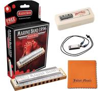 Hohner Harmonica Marine Band Key G# 1896BXG# 10 Holes, Bundle with Hard Case, Mini Harmonica Necklace Juliet Music Polishing Cloth
