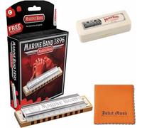 Hohner Marine Band Harmonica Key of C with Hard Case, Mini Harmonica Necklace and Juliet Music Polishing Cloth (C Bundle)