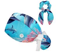 HOHODIY Adjustable Dolphin Scrub Cap, Working Hat Hair Cover with Ponytail Pouch, Soft Bouffant Surgical Nurse Cap