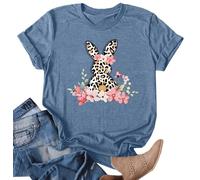 hohololo Easter Shirts Cute Floral Bunny T-Shirt for Women Leopard Print Tee Easter Gift Casual Top Shirts (Blue1,M)