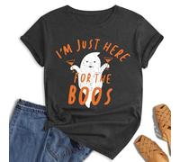 hohololo Halloween Tshirts Women I'm Just Here for The Boos T-Shirt Ghost Shirt,Grey-A,XL