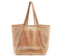 HOHOM Beach Bags for Women, Summer Travel Mesh Tote Bag with Large Inner Pocket, Sandproof Woven Shoulder Handbag Swim Pool Bag, Suit for Family Vacation Essentials, Tan, L