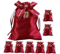 Hohopeti 10pcs Wine Red Drawstring Wedding Candy Bags 10x13cm Cloth Pouches Double Happiness Bow for Bridal Party Favors and Wedding Guest