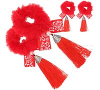 Hohopeti 2 Pairs Chinese New Year Tassel Hair Ropes for, Red Holiday Ponytail Holders Plush Backing, Hair Decoration Accessories for Festival and Party