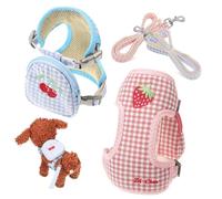 Hohopeti 2pcs Adjustable Small Dog Harness and Leash with Detachable Backpack Lightweight Polyester Puppy Vest for Outdoor Training Comfortable No-rub Straps Blue Cherry Pink Strawberry