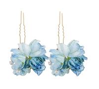 Hohopeti 2pcs Blue Floral Hair Pins U-shaped Bridal Hair Accessories for Wedding, Elegant Flower Headpieces Made of Cloth and Metal, for Dress and Theme Parties