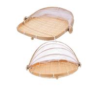 Hohopeti 2pcs Handmade Bamboo Dustpan Baskets with Gauze Cover Woven Kitchen Storage for Fruits and Vegetables Reusable Protective Household Basket