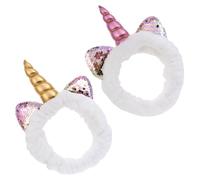 Hohopeti 2pcs Unicorn Sequin Elastic Hairbands with Coral Fleece, White Headbands with Silver Ears and Gold Pink Unicorns, Soft Face Washing and Shower Hair Accessories for Women