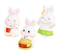 Hohopeti 3Pcs Resin Rabbit Cake Toppers Miniature Bunny Figurines for Party Decorations, Cute Micro Landscape Desk Ornament Set with Hamburger, Grass Skirt, and Soda Bunny Designs for