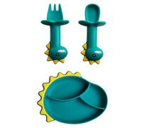 Hohopeti 3pcs Silicone Tableware Set with Suction Plate Dinosaur Design Food Grade Safe Divided Tray for Balanced Meals Fork and Spoon for Self Feeding Training