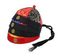 Hohopeti Qing Dynasty Emperor Costume Hat with Braid, Vintage Chinese Ancient Hat for Adult Large Head, Red-blue Red-black Yellow-red Trim, Traditional Royal Party Headwear