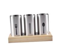 Hohopeti Stainless Steel Chopstick Holder with Oak Base Hollow Out Design Utensil Drying Rack for Kitchen Flatware Storage Detachable Three Compartment Chopstick Rack for Spoons and Forks