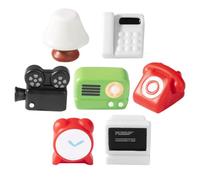 Hohopeti Vintage Retro Radio Model Set 7 Pieces Miniature Dollhouse Accessories DIY Home Decor with Telephone, Lamp, Clock, Projector, Desk Lamp, Computer, and Landline Phone for Room