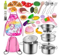Hohosunlar Kids Pretend Play Kitchen Accessories, Stainless Steel Toy Pots and Pans Set w/Cutting Play Food, Cooking Utensils, Unicorn Apron, Storage Bag, Kitchen Playset for Kids Toddlers Girls Gift