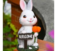 HOHOVYVY Solar Powered Rabbit Figurine Made of Resin with LED Tulip and Welcome Sign, Waterproof Garden Decoration for Patio, Balcony or Lawn