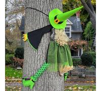 HOIIOH 135cm Crashing Witch Halloween Decoration - Funny Green Witch Prop with Broom for Tree, Garden, Porch, Patio & Lawn Outdoor Décor