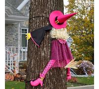 HOIIOH 135cm Halloween Witch Crashing Into Tree Decoration - Funny Pink Witch Outdoor Hanging Decor for Garden, Porch, Fence, Patio or Lawn