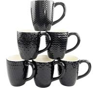 Hoikwo 12oz / 380ml Coffee Mugs Set of 6, Black Bone China Mugs with Relief Pattern for Coffee, Tea, Latte, Milk, Cocoa, Juice and Other Hot Drinks