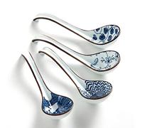 Hoilse 4-Piece Ceramic Asian Soup Spoons, Blue and White Pattern, Long Handle, Dishwasher Safe