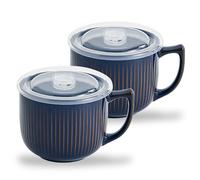 Hoilse Ceramic Soup Bowl with Handle - Large 900ml Microwave Soup Mug with Lid, Soup Container & Cup for Cereal, Oatmeal, Ramen, Noodle, Porridge, Housewarming Gift - Set of 2(Vintage Blue)