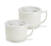 Hoilse Ceramic Soup Bowl with Handle - Large 900ml Microwave Soup Mug with Lid, Soup Container & Cup for Cereal, Oatmeal, Ramen, Noodle, Porridge, Housewarming Gift - Set of 2(White)