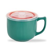 Hoilse Ceramic Soup Bowl with Handle - Large 900ml Microwave Soup Mug with Lid, Soup Container & Cup for Cereal, Oatmeal, Ramen, Noodle, Porridge, Housewarming Gift - (Green)