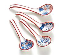 Hoilse Ceramic Soup Spoons, Asian Soup Spoon Japanese Ramen Spoons,Long Handle Perfect Depth Spoon Set for Soup Dumpling, Pho, Noodles, Miso, Chinese Wonton, Dishwasher Safe- Set of 4- Red