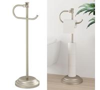 Hoimpro 25" Toilet Paper Holder Free Standing, Floor Bathroom Toilet Paper Tissue Roll Holder with Shelf Storage Stand for 4 Rolls, Freestanding Handle Hardware Accessories Rack Brushed Nickel