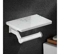 Hoimpro Brushed Silver Stainless Steel Toilet Paper Holder with White Natural Marble Shelf, Wall Mounted Tissue Hand Paper Roll Storage Holder for Bathroom Kitchen Washroom Bedroom
