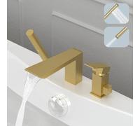 Hoimpro Deck Mount Bath Faucet Set Brushed Gold Wide Bath Faucet Waterfall Spout