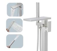 Hoimpro Floor Mounting Bathtub Faucet Freestanding Waterfall Bathtub Filler, Brushed Nickel Single Handle High Flow Shower Faucets Mixer Bathroom Bathtub Faucets with 2 Function Hand Shower Wall