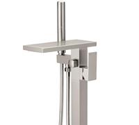 Hoimpro Floor Mounting Bathtub Faucet Freestanding Waterfall Bathtub Filler, Brushed Nickel Single Handle High Flow Shower Faucets Mixer Bathroom Bathtub Faucets with 2 Function Hand Shower Wall