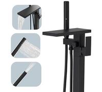 Hoimpro Freestanding Bathtub Faucet Waterfall Tub Filler Matte Black Floor Mount Brass Single Handle Bathroom Tub Faucets with 2 Function Hand Shower Wand