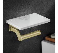 HOIMPRO Gold Stainless Steel Toilet Paper Holder with Natural Marble Shelf, Wall Mounted Tissue Paper Roll Holder for Bathroom Kitchen Washroom Bedroom（White）