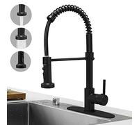 Hoimpro Matte Black Spring Kitchen Faucet with Pull Down Sprayer, Rv Black Kitchen Sink Faucet with Pull Out Sprayer,3 Function Single Handle Laundry Faucet with Cover Plate,Brass(Single or 3 Hole)
