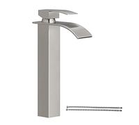 Hoimpro Waterfall Spout Brushed Nickel Bathroom Faucet, Tall Single Handle Bathroom Vanity Sink Faucet, Rv Lavatory Vessel Faucet Basin Mixer Tap with Deck Plate, Solid Brass (One or 3 Hole)