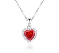 Hoisy 18K White Gold Necklace Chain Pendant Women, Heart Shaped with Created Ruby and Moissanite, Silver Red Necklace Wedding