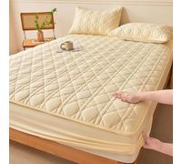 Hoisy 3 Pc Fitted Twin XL Polyester Cotton Sheet Set with Elastic, Solid Color with Geometric Pattern, 47 x 78 IN + 2 Pillowcases, Beige Yellow