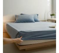 Hoisy 3 Pieces Fitted Sheet Twin Set Velvet with Elastic, Solid Color Pattern, 35 x 74 IN x 5.9 IN + 2 Pillowcases, Blue