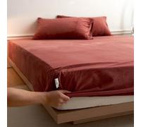 Hoisy 3 Pieces Twin Velvet Sheet Fitted Set with Elastic, Solid Color Pattern, 35 x 74 IN x 5.9 IN + 2 Pillowcases, Wine Red