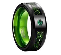 Hoisy Custom Men's Tungsten Engagement Ring, 8MM Round and Carbon Fiber with Cubic Zirconia Men Ring Gold Black Green, Size W 1/2
