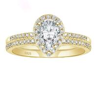 Hoisy Engraved Name Womens 925 Sterling Silver Ring, 2 Ring Set with 6x9MM Water Drop with Cubic Zirconia Engagement Rings Gold for Women, Size K 1/2