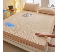 Hoisy Fitted Sheet Polyester Cotton King Size with Elastic, Solid Color with Leaves Pattern, 70 x 78 IN, Khaki