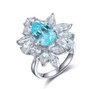Hoisy Friendship Ring Silver 925 Women's Ring Flower with 5.33 Ct Laboratory Paraiba Tourmaline Lake Blue Wedding Rings for Women, 58 (18.5), Paraiba Tourmaline, Paraiba Tourmaline